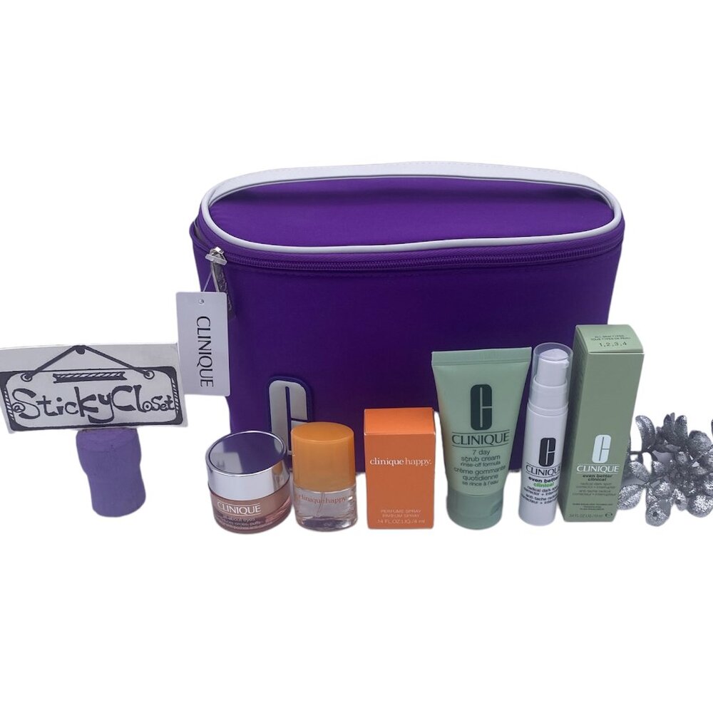 Clinique Beauty Set-Dark Purple Pouch,Face Scrub,Eye Cream&SpotCorrector-5pc-NEW
